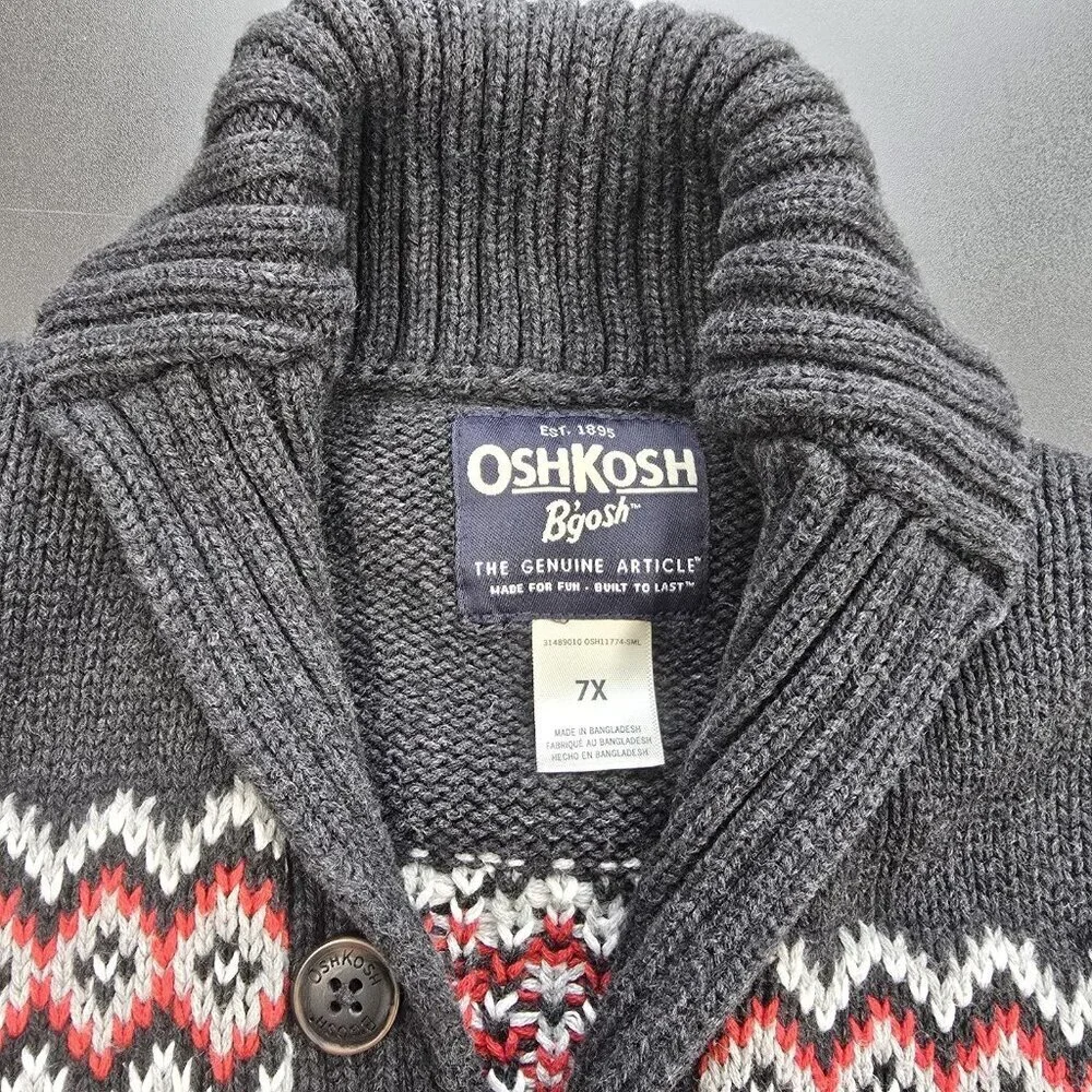 OshKosh B’gosh Fair Isle Cardigan Sweater Size 7X Thick Knit Nordic Gray Red